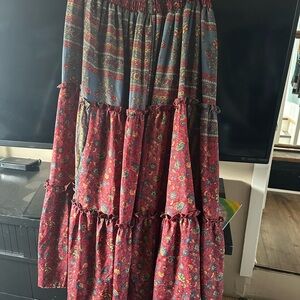 Silk Floral Red and Blue Tiered Prairie Skirt